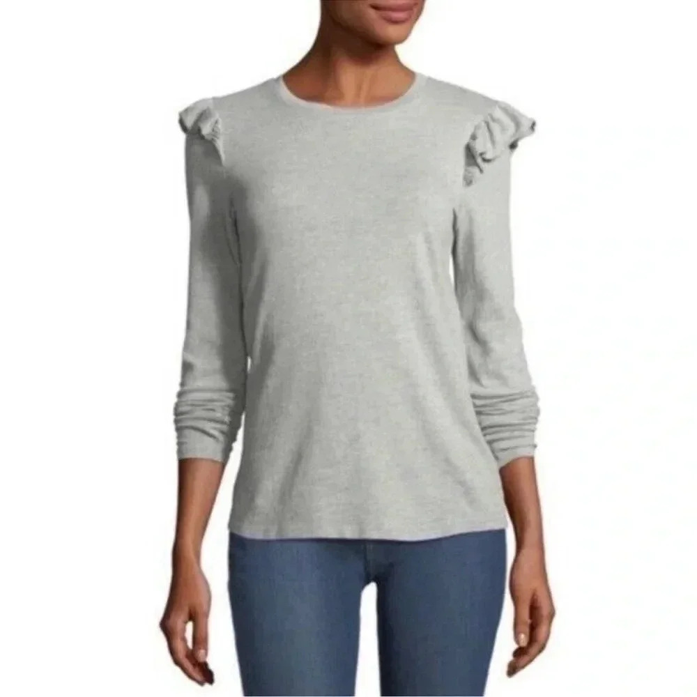 Frame Denim Heather Gray Ruffled Shoulder Top